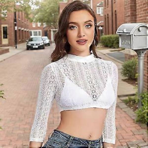Elegant 3/4 Ärm Spets Dirndl Blus för Kvinnor Mock Neck Crop Top Skjorta för Bayersk Oktoberfest och Traditionell Händelse 44 Vit(44 )