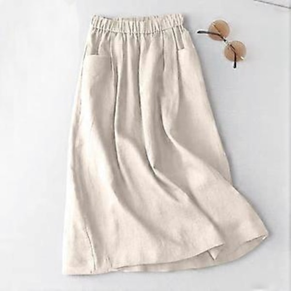 ZANZEA Dam Solid Färg Elastisk Midja Casual Bomull Långa Kjolar (L beige)