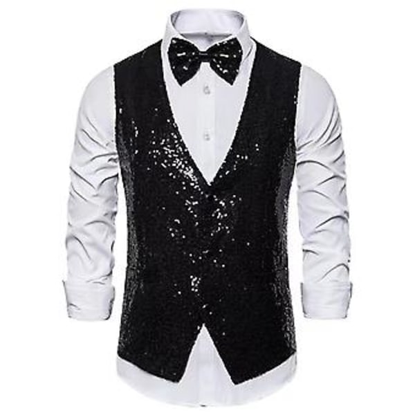 Väst för män, scenframträdande, konferencier, glittrande paljetter, slim fit, V-ringad, ärmlös, enkelknäppt, med rosett (XL svart)