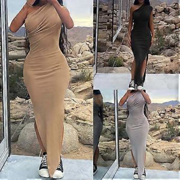 Yksi olkaimeton halkio pitkät hameet Maxihameet Hihaton Seksikäs hame Yksivärinen Bodycon Röyhelömekot Prom-juhliin Harmaa XL (XL Harmaa)