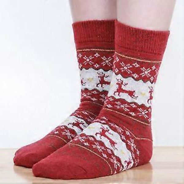 Damstrumpor i nordisk Fair Isle-stil med julmotiv, älg, bomull, festliga strumpor (5 par röda)