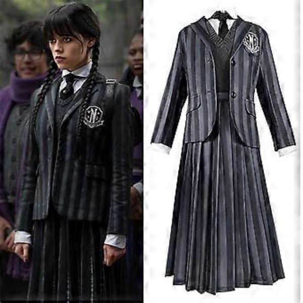 Wednesday Addams Kostume Sæt Akademi Skole Uniform Outfit Voksne Kvinder Cosplay Party Stribet Kjole/Parykker Fancy Dress Cosplay Props (XL med Paryk)