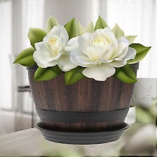 2 Set Dräneringshål Blomkrukor Imitation Trä Retro Planteringskrukor med Fat