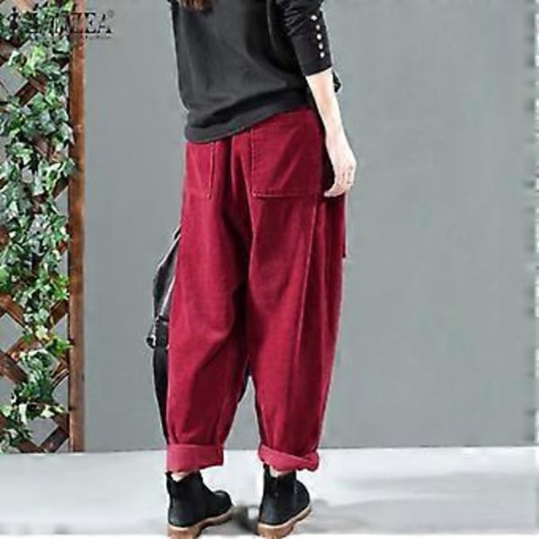 ZANZEA Casual Løse Elastisk Midje Cordfløyel Bukser Vår Høst Harem Bukser (5XL svart)