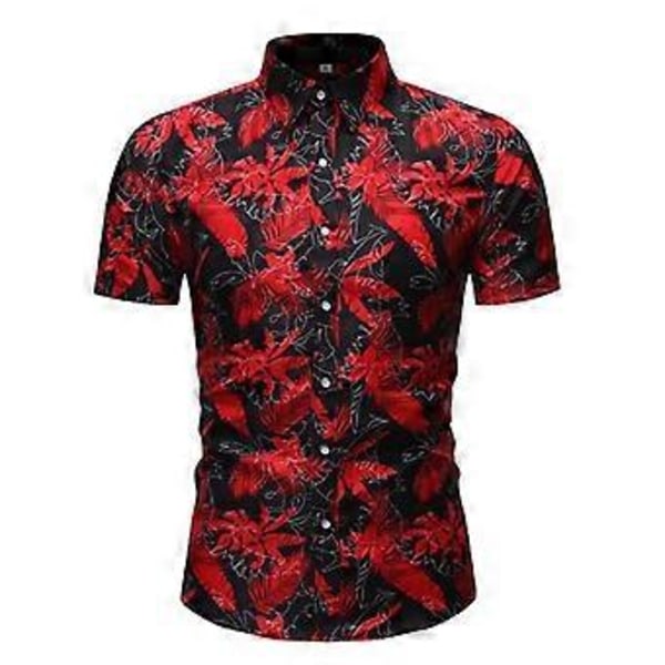 Herr Hawaiiskjorta och Shorts Set 2 Delar Knäppning Blommig Stranddräkt Tropiska Kläder (M Röd)