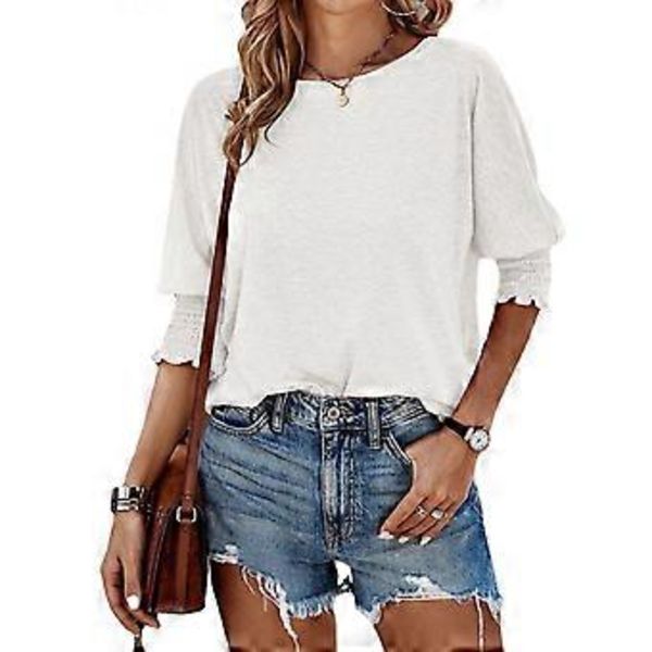 Dame Crew Neck 3/4 Erme Basic T-skjorter Solid Løs Søt Tunika Topp Bluser Basic Tee Bluser Tee Topp Casual Tunika Topp Hvit L(L Hvit)