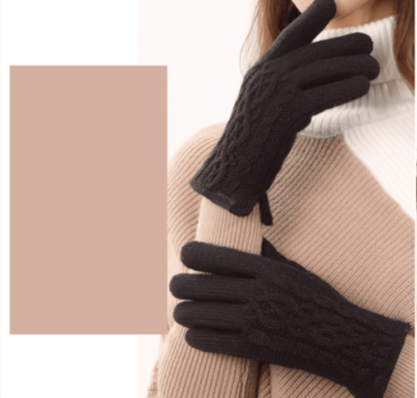 Dame sorte cashmere handsker med tyndt for og kabeldesign,