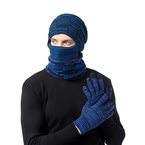4-osainen lämmin hattu, huivi, maski ja käsineet miehille ja naisille (sininen)