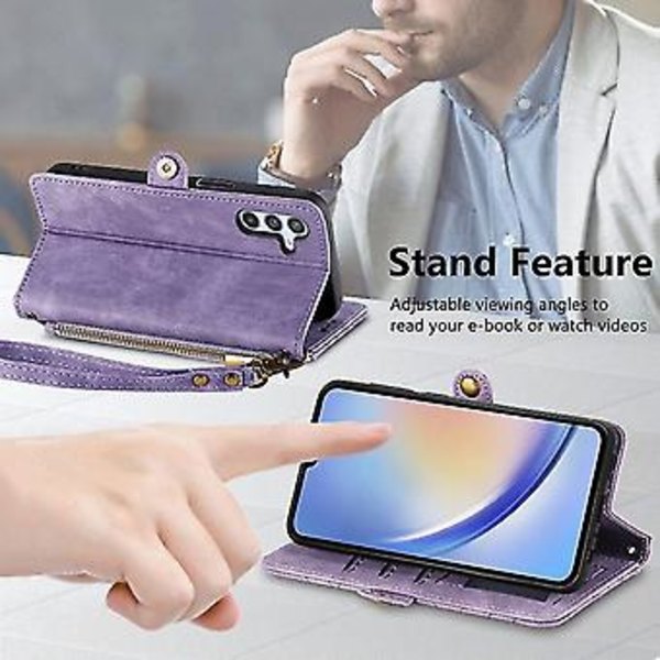 Plånboksfodral med blixtlås och sidospänne i läder för Samsung Galaxy A34 5g (geometrisk) (rosa) (lila)