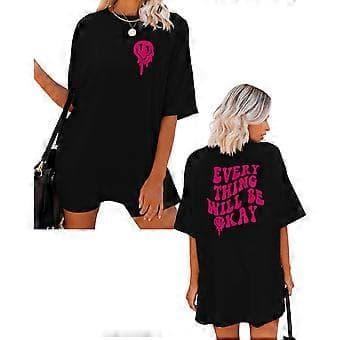 Dame Bogstav Grafik Print Tee Top Oversized Drop Shoulder Kortærmet T-shirt Pullover Bluse Casual Løs Pullover Pink L(L Pink)