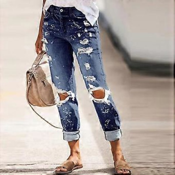 YYFS Dame Mote Revet Denim Casual Mellomhøy Midje Bukser & Capribukser Casual Bukser (S mørkeblå)