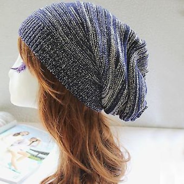 Unisex Huer i Strik af Uld til Kvinder og Mænd - Oversize Slouchy Beanie til Vinter (Marineblå)