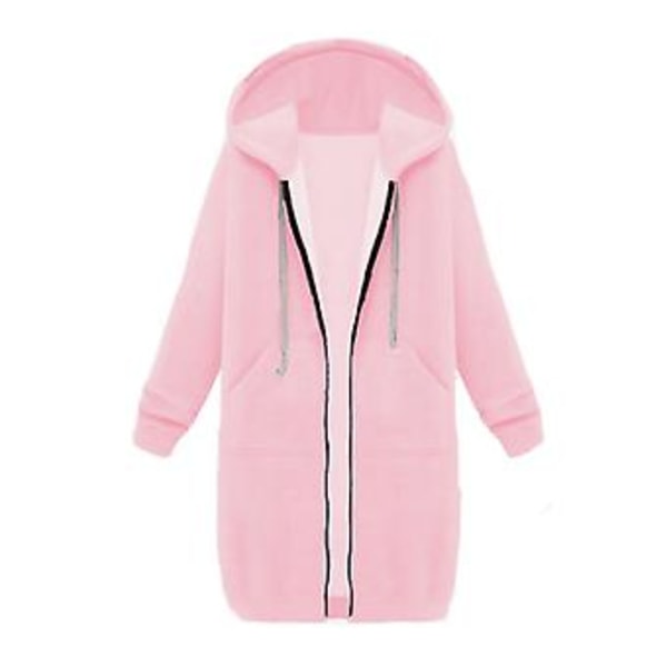 Fianao Plus Size Ensfarvet Casual Tyk Hættetrøje Kvinder Lynlås Lang Trøjejakke (M Pink)