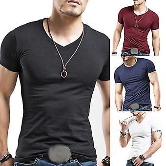 Fianao Menn Plus Size Sommer Basic Topp Ensfarget Kort Erme V-hals Slim Fit T-skjorte (M Hvit)