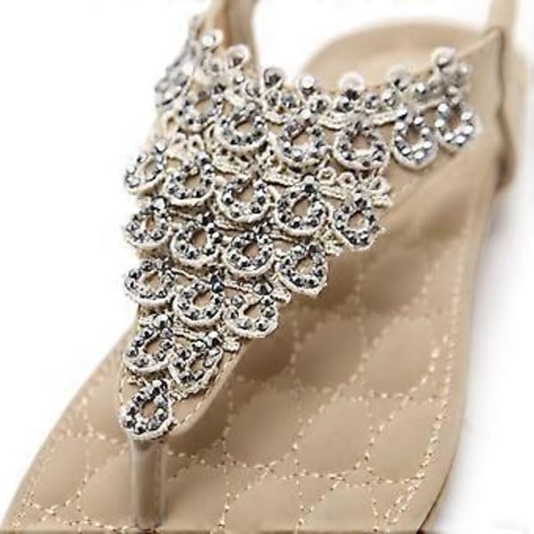 Sommersandaler Rhinestone Boho Store Størrelse Dame Flade (EU 37 Abrikos)