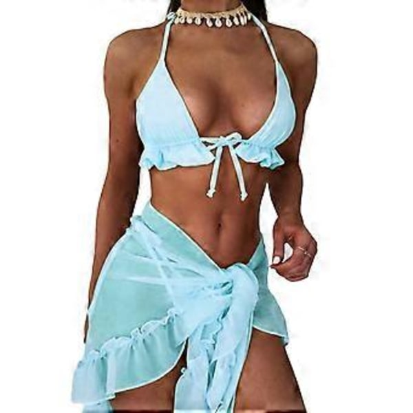 Naisten kolmiosainen pehmeä laukku High Cut Bikinit Seksikäs nyöritys Uimapukusetti Stringit Ranta-asu Yksivärinen Olkaimeton Uimapuku vaaleansininen S (S vaaleansininen)