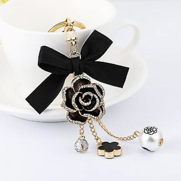 JUSCH Blomst Tassel Buesløjfe Nøglering Perle Bil Nøglering Holder Pung Taske---Sort