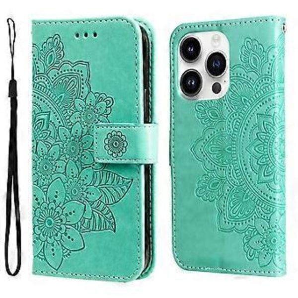 Läderfodral med präglade 7-bladiga blommor för iPhone 15 Pro (Grön)