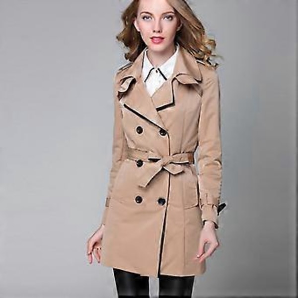 VANGULL Dame Klassisk Bælte Europæisk Trenchcoat Khaki Sort Dobbeltknappet Business Frakke (XXL sort)