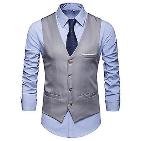 Herrar Solid Formal Knappar Väst Med Fickor Business Office V-hals Ärmlös Blazer Väst (3XL Grå)