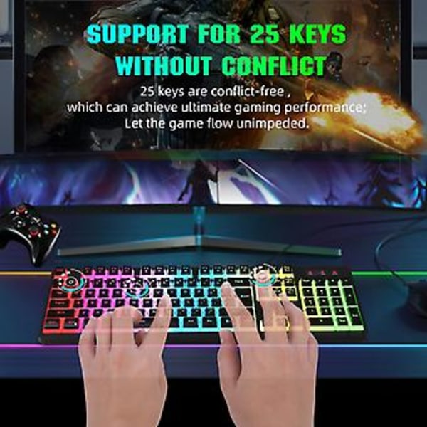 LED Regnbågsbelyst Ultra-Slim 104 Tangenter Trådbunden Ergonomisk Dator PC för Windows (Svart)