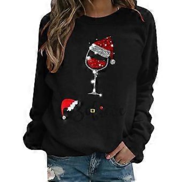 Julegenser Dame Langermet Vinglass Print T-skjorte Jule Casual Løs Rund Hals Genser Bluse Pullover Topper -NMAOV(L Svart)