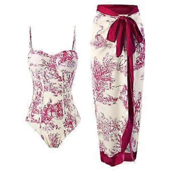 Dam Badkläder Tvådelad Baddräkt med Sarong Set Badkläder (S Röd)