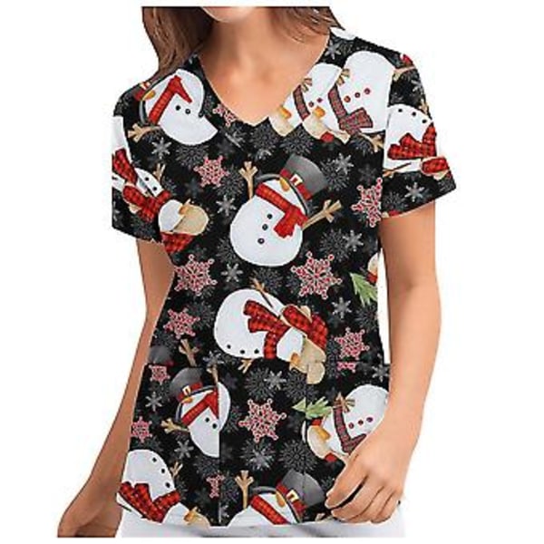 Julskjorta för kvinnor, sjuksköterskeuniform, kortärmad, V-ringad, julblus, topp (2XL Ljus Svart)