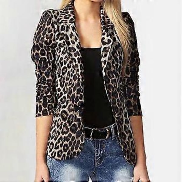 Dame Blazerdragt med nedadvendt krave, lange ærmer, leopardprint, løse knapper, plusstørrelser (XXXL gul)