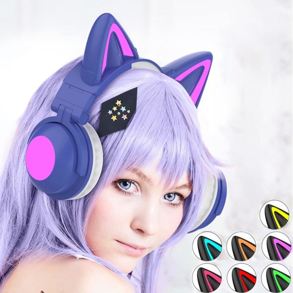 Söta katt trådlösa hörlurar, LED-upplysta spelheadset Bluetooth 5.0-läge Over Ear Low Noise Heads