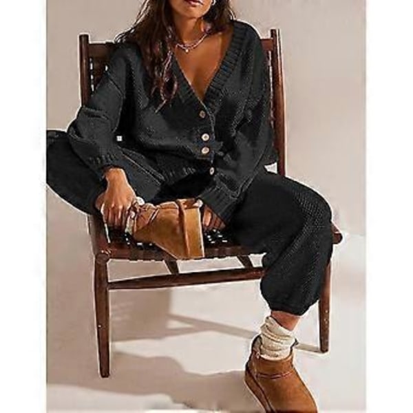 Dame Todelt Loungesæt Langærmet Strik Cardigan Jakker Top Løse Bredbenede Bukser Afslappet Sæt Træningsdragt Loungewear Grå M(M Grå)