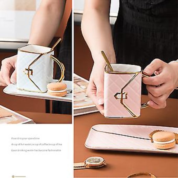 Speciell Kaffe Mug Set i Handväskeform, Leepesx med Fat & Sked (Vit)