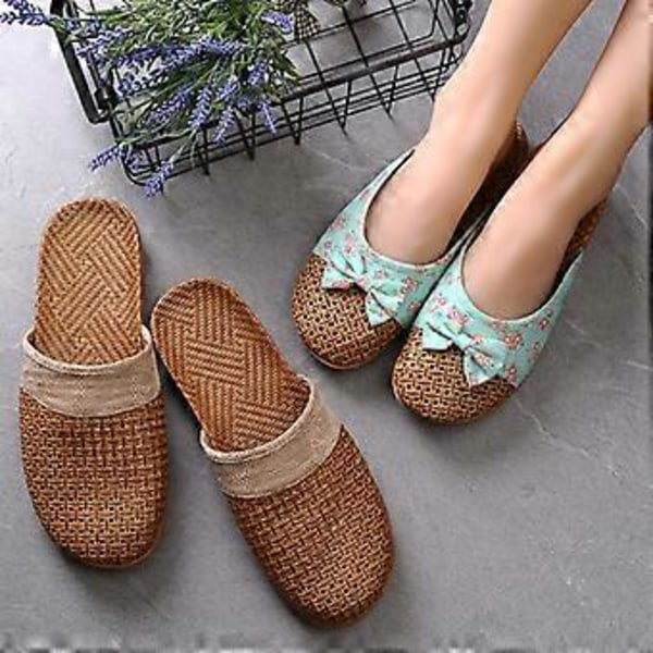 Sommer Hør Slippers Sandaler Indendørs Skridsikker Tyk Bund Gulv Slippers Til Mænd Kvinder (EU 35 36 Rose (Kvinder))