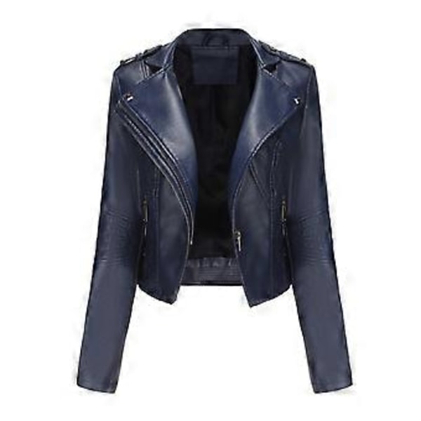 Damjackor Nitar Faux Läder Kavajslag Dragkedja Bomberjacka Kort Slim Fit Motorcykeljacka Casual Street Ytterkläder (XL mörkblå)