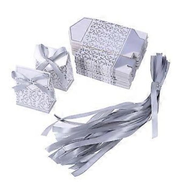 50 st Bröllopsgodisaskar Tryckta Presentaskar med Sytt Band Anständiga Chokladaskar (Silver)