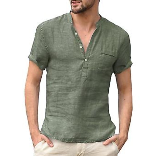 Fianao Herrar Solid Färgad Knapp V-Hals Patch Fick Linne Kortärmad T-shirt Sommar Topp (XXL Armég Grön)