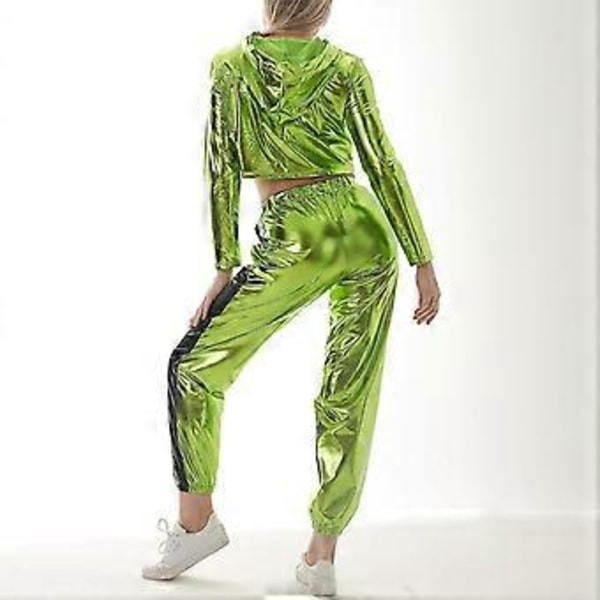 Rave-outfit för damer, glänsande crop top-hoodie, metalliska avslappnade långbyxor, huvtröja, träningssweatshirt, discodanskläder (Medium Ljusgrön)
