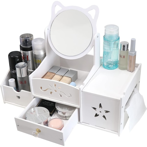 (rund spegel) Makeup Förvaring Multifunktionell Organizer, Vit Skrivbord Badrum Organizer, Makeup St