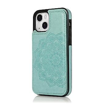 Fodral för iPhone 14 Plus med Kortfack i PU-Läder, Datura Blommönster (Blågrön)