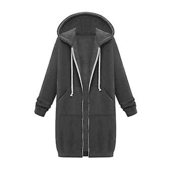 Fianao Plus Size Enfärgad Avslappnad Tjock Huvad Kvinna Zip Up Lång Tröja (S Mörkgrå)