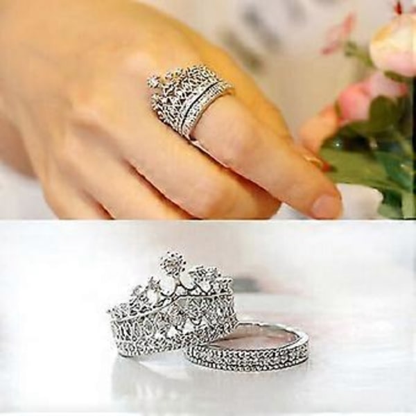 2 st Kvinnoringar Kronmönster Rhinestone Inlagd Legering Vigselringar Brudset för Förlovning (6 Silver)