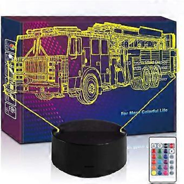 Brannbil nattlys LED 3D illusjon fjernkontroll USB brannmann lampe gave til jul bursdag for barn jente gutt tenåring (brannbil)