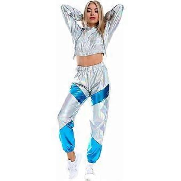 Naisten Rave-asu Kiiltävä Crop Top Huppari Metallinhohtoiset Rento Pitkät Housut Hupullinen Treenauspusero Disco-tanssivaatteet(Keskikokoinen Holografinen Hopea)