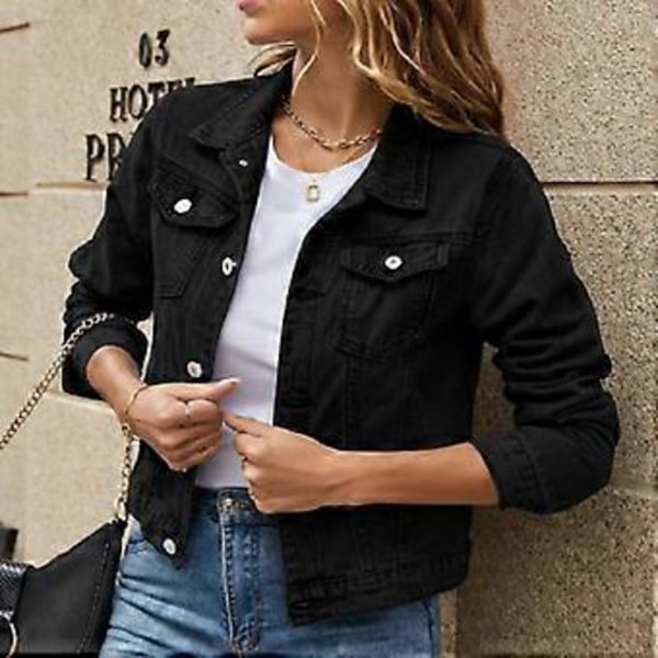 Dam Höst Denim Korta Jackor Dam Vinter Enkelknäppt Långärmad Nedvikt Krage Jeansjackor (L vit)