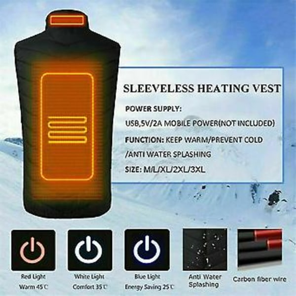 Elektrisk Varm Vest Oppvarmet Klærjakke Usb Varme Oppvarming Kroppsvarmer Kvinner Menn Hot (2XL Rød)