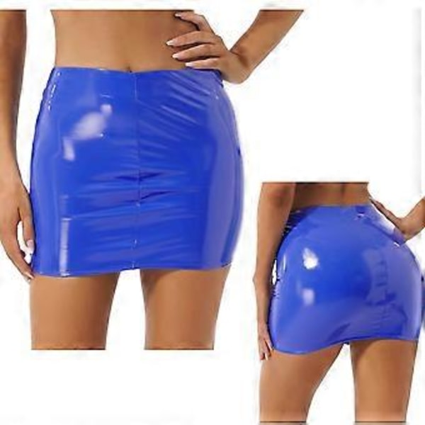Naisten seksikäs kiiltävä minihame tekonahasta, yksivärinen, joustava vyötärönauha, kynähame, kiiltävä wet look -lateksihame, clubwear (XL sininen)