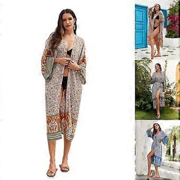 Dam Bohemisk Blommig Kimono Baddräkt Överdrag Sommar Ledig Lös Öppen Framsida Koftor Strandklänning för Baddräkt Khaki (Khaki)