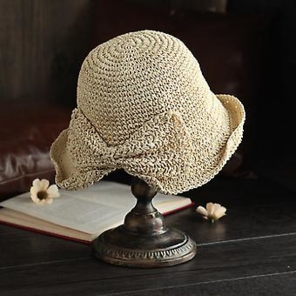 Dame Vintage Mode Foldbar Strå Bucket Hat Flet Sommer Strand Solhat Sløjfe (Beige)
