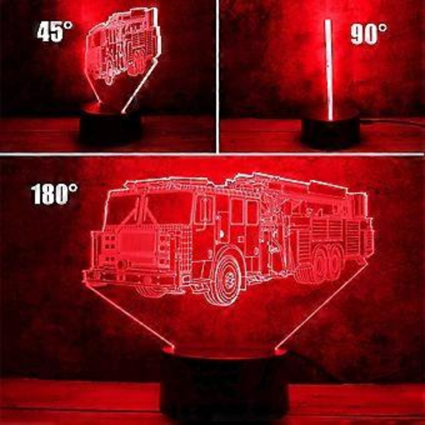 Brannbil nattlys LED 3D illusjon fjernkontroll USB brannmann lampe gave til jul bursdag for barn jente gutt tenåring (brannbil)