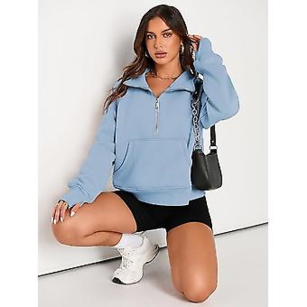 Dame Sweatshorter Halv Zip Croppede Trøjer Fleece Kvart Zip Hoodies Efterårs Outfits Tøj Tommelhul Lyseblå, XL